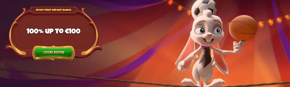 Magius sport bónusz banner nyúlfőszereplővel és 100%-os ajánlattal